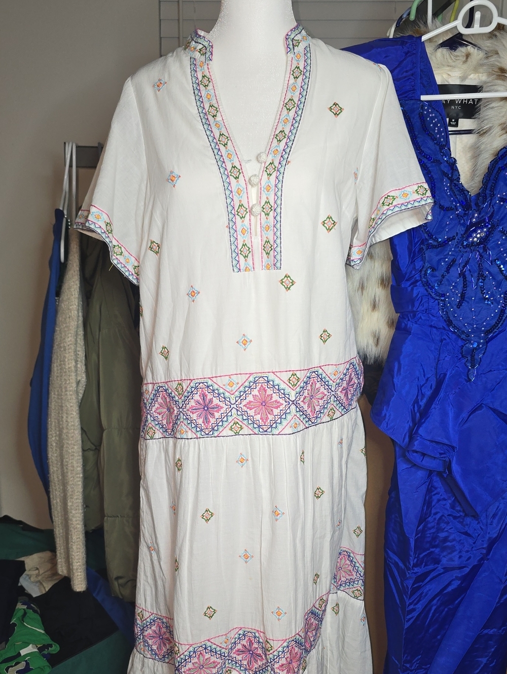 Sundance White Maxi Dress with Pink & Pastel Embroidery 100 %cotton
